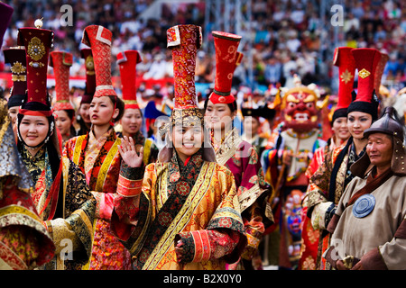Naadam Festival celebrating the 800th anniversary of the Mongolian State in the National Stadium A Genghis Khan act Stock Photo