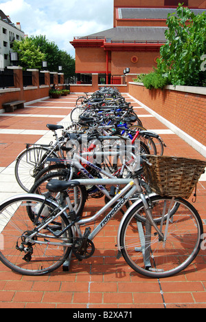 Bicycle rank on concourse, The British Library, Euston Road, Camden Borough, London, England, United Kingdom Stock Photo