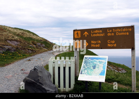 Sign pointing to hiking trails to Ladys Lookout and North Head on Signal Hill St Johns Newfoundland and Labrador Stock Photo