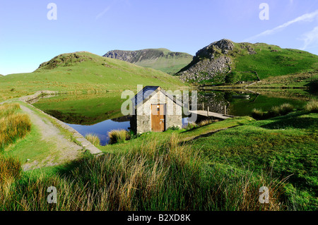 A beautifully calm morning at Llyn Dywarchen in Snowdonia national park North Wales Stock Photo