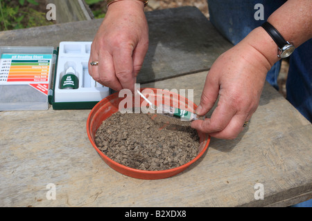 SOILTESTING pH STEP 1 USING A SMALL SPOON ADD DRY FINE SOIL TO THE TEST TUBE Stock Photo