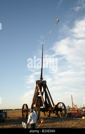 Huge iron wheeled Yankee Siege Trebuchet with fling arm straight up with pumpkin in sling at about 15 degree angle behind Stock Photo