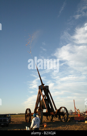 Huge iron wheeled Yankee Siege Trebuchet with fling arm facing forwards as the pumpkin flies out over the field in pieces. Stock Photo