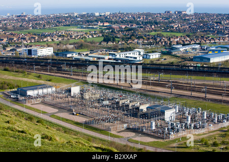 Panoramic view over the Channel Tunnel terminal in Folkestone Kent Stock Photo
