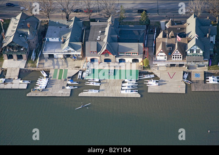 Aerial view of famous fraternity Boat House Row on Schuylkill River in Philadelphia, Pennsylvania Stock Photo