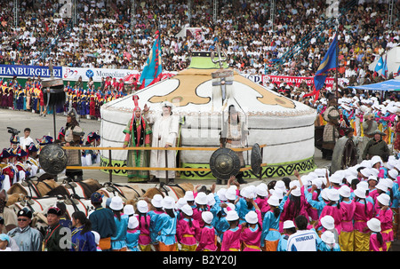 A Mongolian Ger Tent is paraded around the stadium for the Nadaam Festival in Mongolia in 2006. Stock Photo