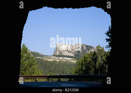 Tunnel on Iron Mountain Road in Black Hills framing view of Mount Rushmore National Memorial, South Dakota Stock Photo