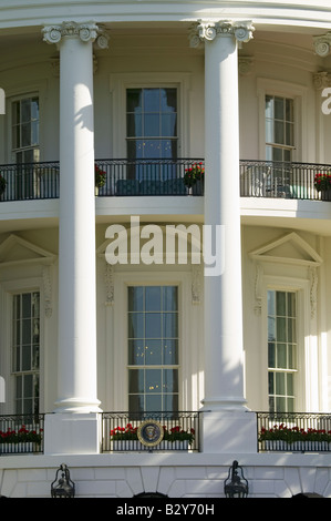 Two pillars of the South Portico of the White House, the Truman Balcony, in Washington, DC
