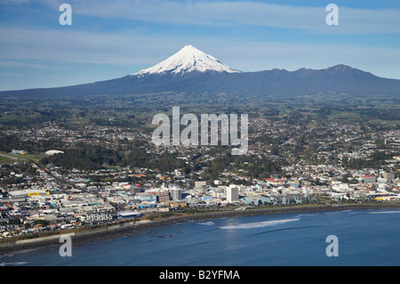 New Plymouth and Mt Taranaki Mt Egmont Taranaki North Island New Zealand aerial Stock Photo