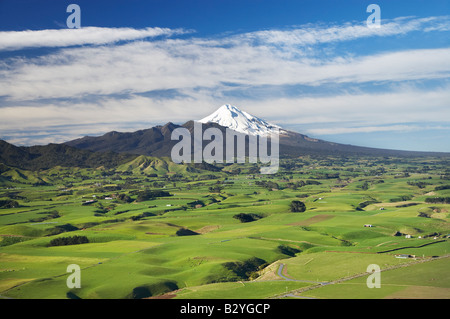 Farmland near Okato and Mt Taranaki Mt Egmont Taranaki North Island New Zealand aerial Stock Photo