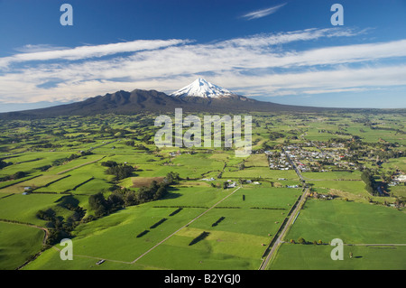 Farmland and Okato and Mt Taranaki Mt Egmont Taranaki North Island New Zealand aerial Stock Photo