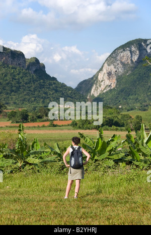 Model Released European tourist enjoying the view across a valley to steep mogote limestone hills of Viñales Cuba Stock Photo