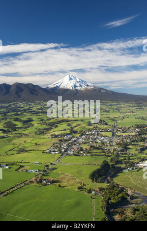 Farmland and Okato and Mt Taranaki Mt Egmont Taranaki North Island New Zealand aerial Stock Photo