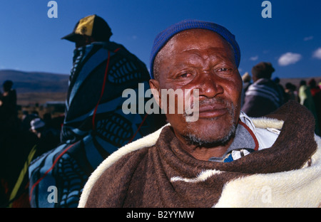 Man wrapped in basotho blanket, close up portrait, Lesotho, Africa Stock Photo