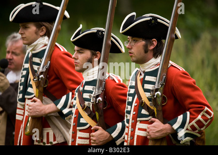 Members of the 68th Durham Light Infantry Display Team wear replica uniforms of the the mid Eighteenth century (c 1758). Stock Photo