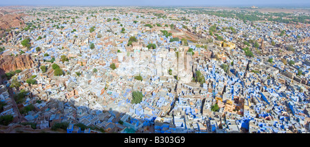 A 2 picture stitch panoramic view over the 'Blue City' of Jodhpur from the Mehrangarh Fort ramparts. Stock Photo