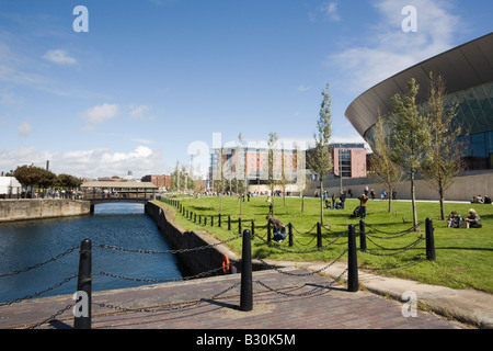 Liverpool Merseyside England UK July Dukes Dock by Arena and Convention centre building Stock Photo