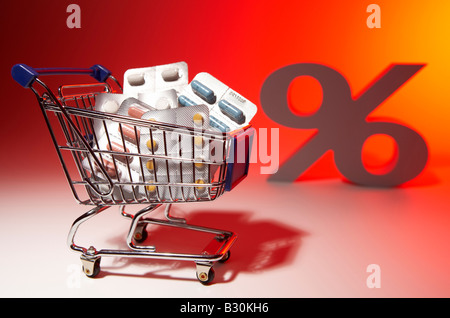 Shopping cart full of drug blisters and a percent sign Stock Photo