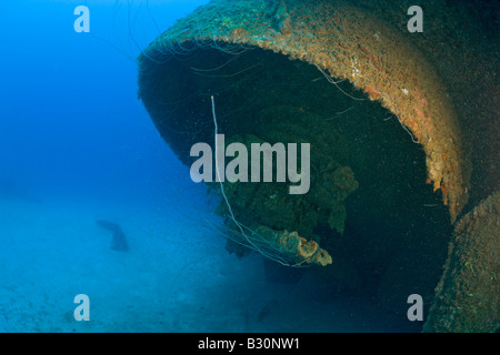 5 inch Gun of USS Arkansas Battleship Marshall Islands Bikini Atoll Micronesia Pacific Ocean Stock Photo