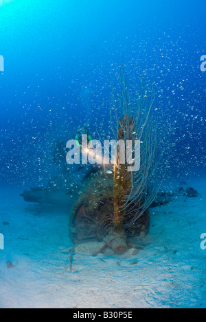 Diver and Propeller at Bomber near to USS Saratoga Marshall Islands Bikini Atoll Micronesia Pacific Ocean Stock Photo