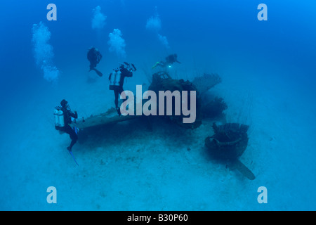 Diver and Bomber near to USS Saratoga Marshall Islands Bikini Atoll Micronesia Pacific Ocean Stock Photo