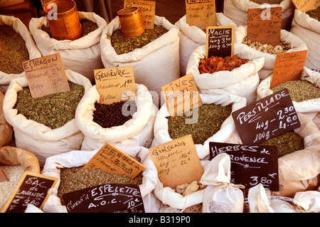 HERBS AND SPICES STALL IN FRENCH MARKET Stock Photo