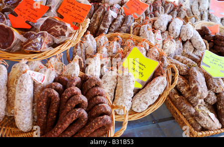 FRENCH SAUSAGES ON STALL IN FRENCH MARKET Stock Photo