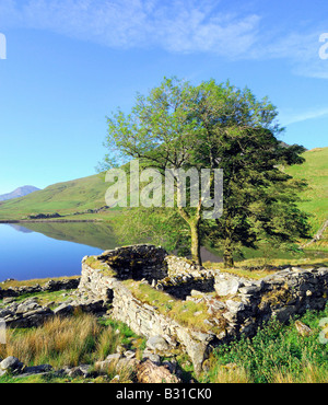 A beautifully calm morning at Llyn Dywarchen in Snowdonia national park North Wales Stock Photo