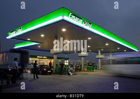 An Emarat gas station in the evening, United Arab Emirates Stock Photo