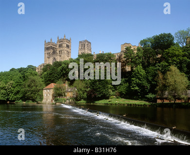 UK England Durham Cathedral above River Wear weir Stock Photo