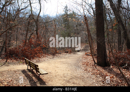 WOODEN BENCH AT THE TRAILHEAD IN STARVED ROCK STATE PARK NEAR UTICA ILLINOIS USA Stock Photo
