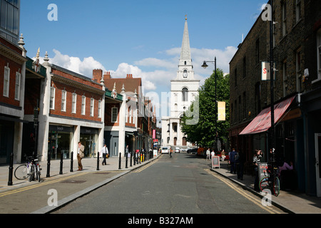 View along Spitalfields Market to Christ Church, Spitalfields, London Stock Photo