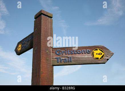 Gritstone Trail wooden signpost at Mow Cop, Stoke-on-Trent, Staffs