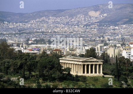 View across city Ancient Agora market place in city Parkland temple of Hephaestus ATHENS GREECE Stock Photo
