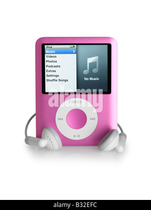 Pink iPod Nano and Earbuds cut out on white background Stock Photo