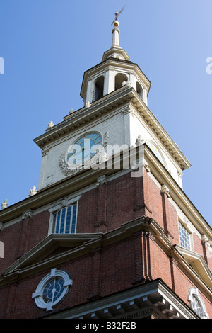 Corner view looking upward at Independence Hall in historic Philadelphia, Pennsylvania. Stock Photo