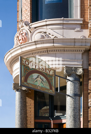 ODYSSEY SIGN on a historic brick building on MAIN STREET in BOZEMAN MONTANA the gateway to Yellowstone National Park Stock Photo