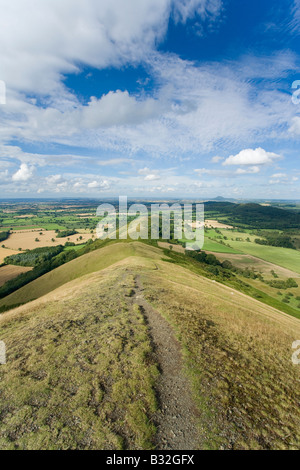 View north to the Wrekin from the Lawley Church Stretton Hills on a sunny summers day near Shrewsbury Shropshire England UK GB Stock Photo