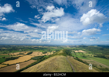 View north to the Wrekin from the Lawley Church Stretton Hills on a sunny summers day near Shrewsbury Shropshire England United Stock Photo