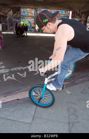 BMX skills spin Southbank London urban extreme sport Stock Photo