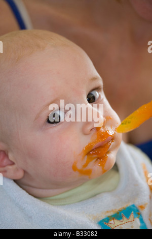 baby eats carrot mash Stock Photo