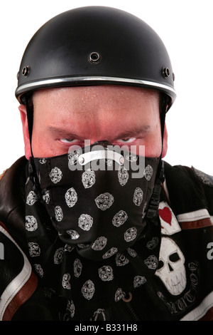 motor cyclist with half shell helmet and drapery Stock Photo