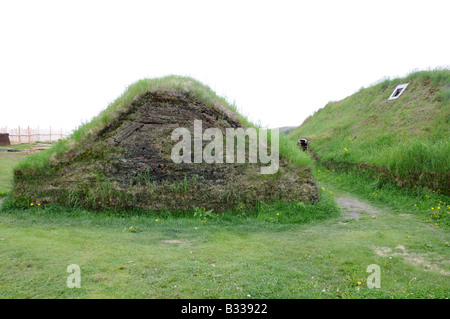 A Viking sod house reconstructed at L'Anse aux Meadows, Newfoundland where the Vikings settled around A. D. 1000. Stock Photo