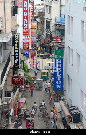 high angle snapshot of the street view at Pahar Ganj in Delhi, India. Stock Photo