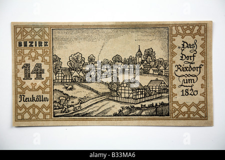 1921 BERLIN NOTGELD German Banknote. 14) NeuKoeln - The VIllage Rixdorf in 1829. Stock Photo