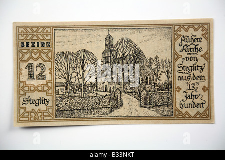 1921 BERLIN NOTGELD German Banknote 12) Steglitz - Old Church (12th Century). Stock Photo