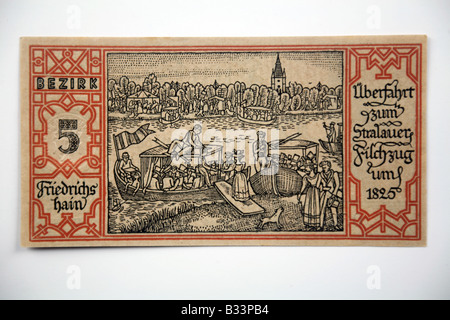 1921 BERLIN NOTGELD German Banknote 5) Friedrichshain - Ferry boats in 1825. Stock Photo