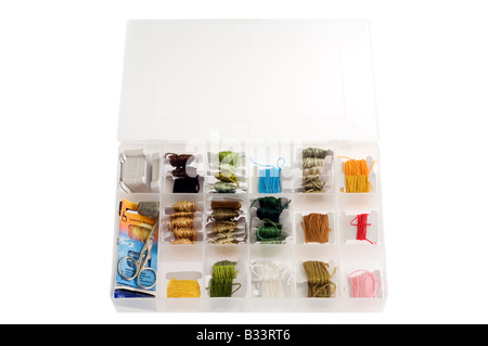 Plastic sewing box and mixed coloured  threads Stock Photo