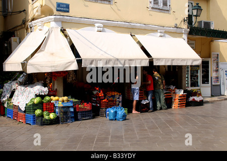 GREENGROCER'S SHOP IN CORFU OLD TOWN. CORFU GREEK IONIAN ISLAND. Stock Photo