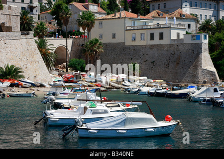 Small pleasure boats moored outside the Port of Dubrovnik in Croatia Stock Photo